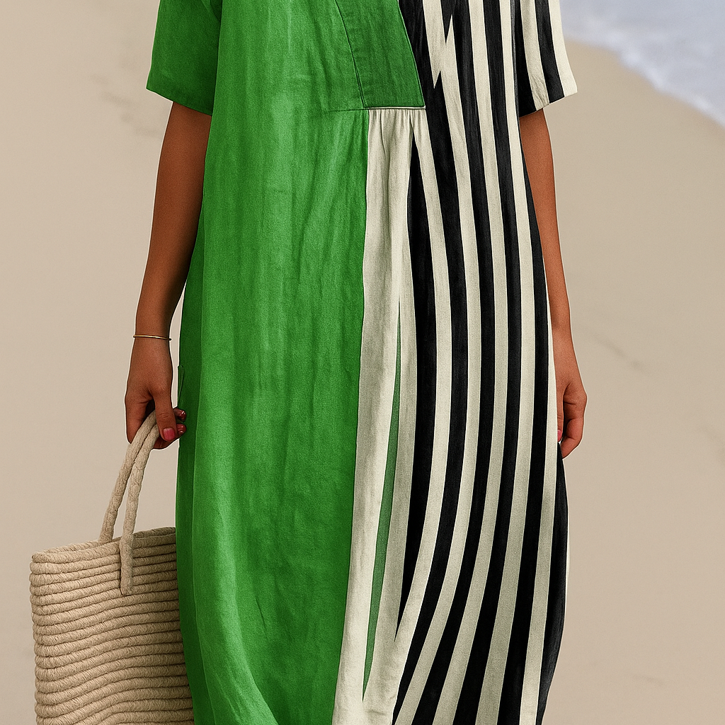 Noémia - Vestido Verde Vibrante com Listras Pretas