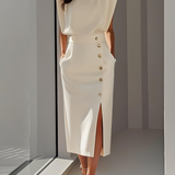 DELACROIX | ROBE MIDI AJUSTÉE AVEC BOUTONS DORÉS