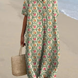 Eulállia - Vestido Floral Retro em Verde Água
